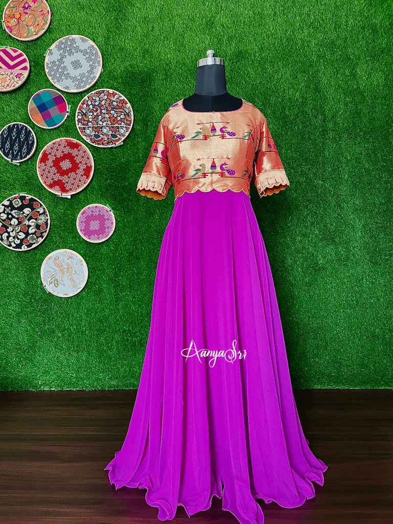 PAITHANI GOWN Price - 1500 (Free Shipping) | Party wear dresses, Long gown  design, Designer party wear dresses