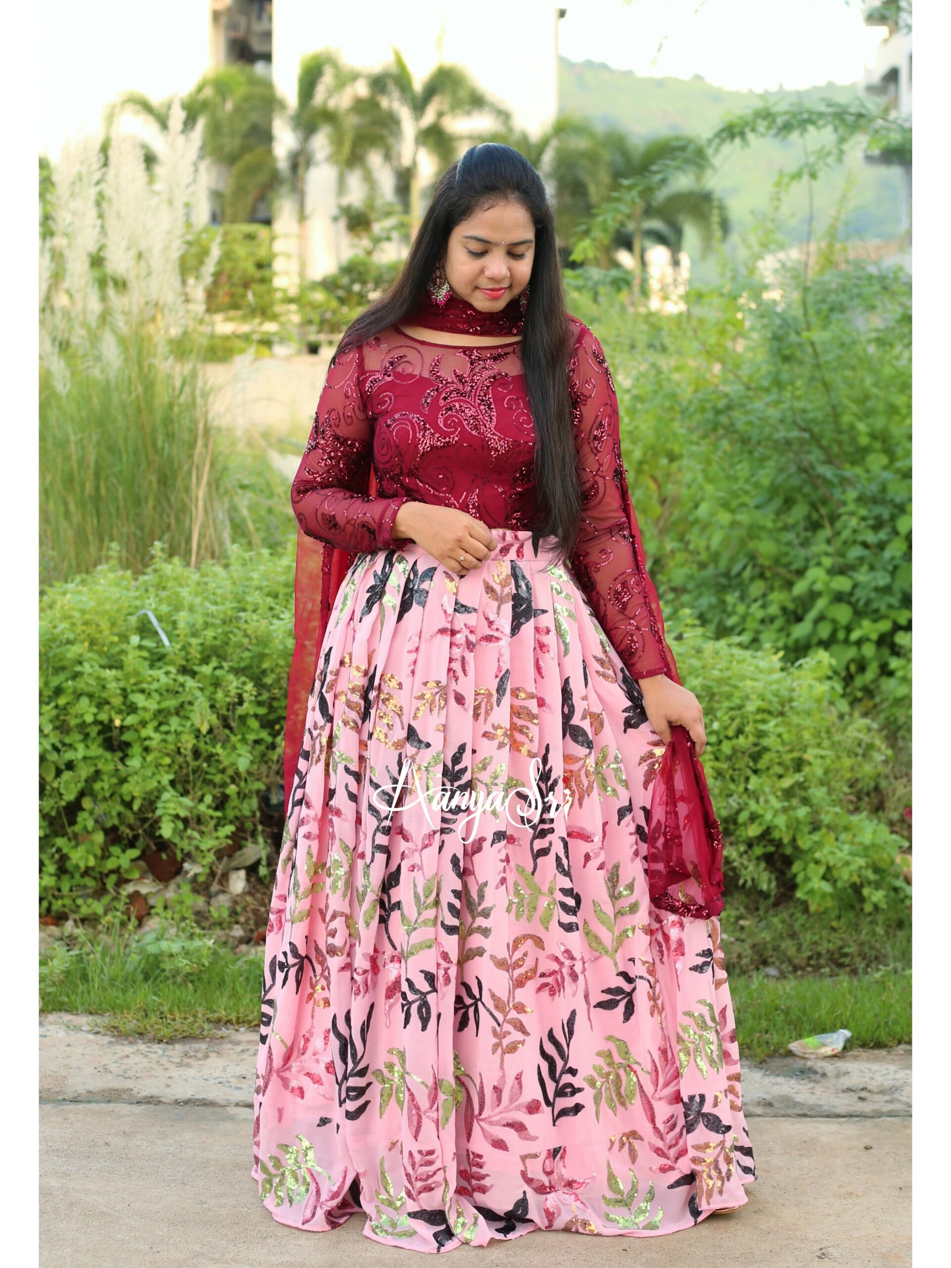 pink sequence leaves with dupatta (1)