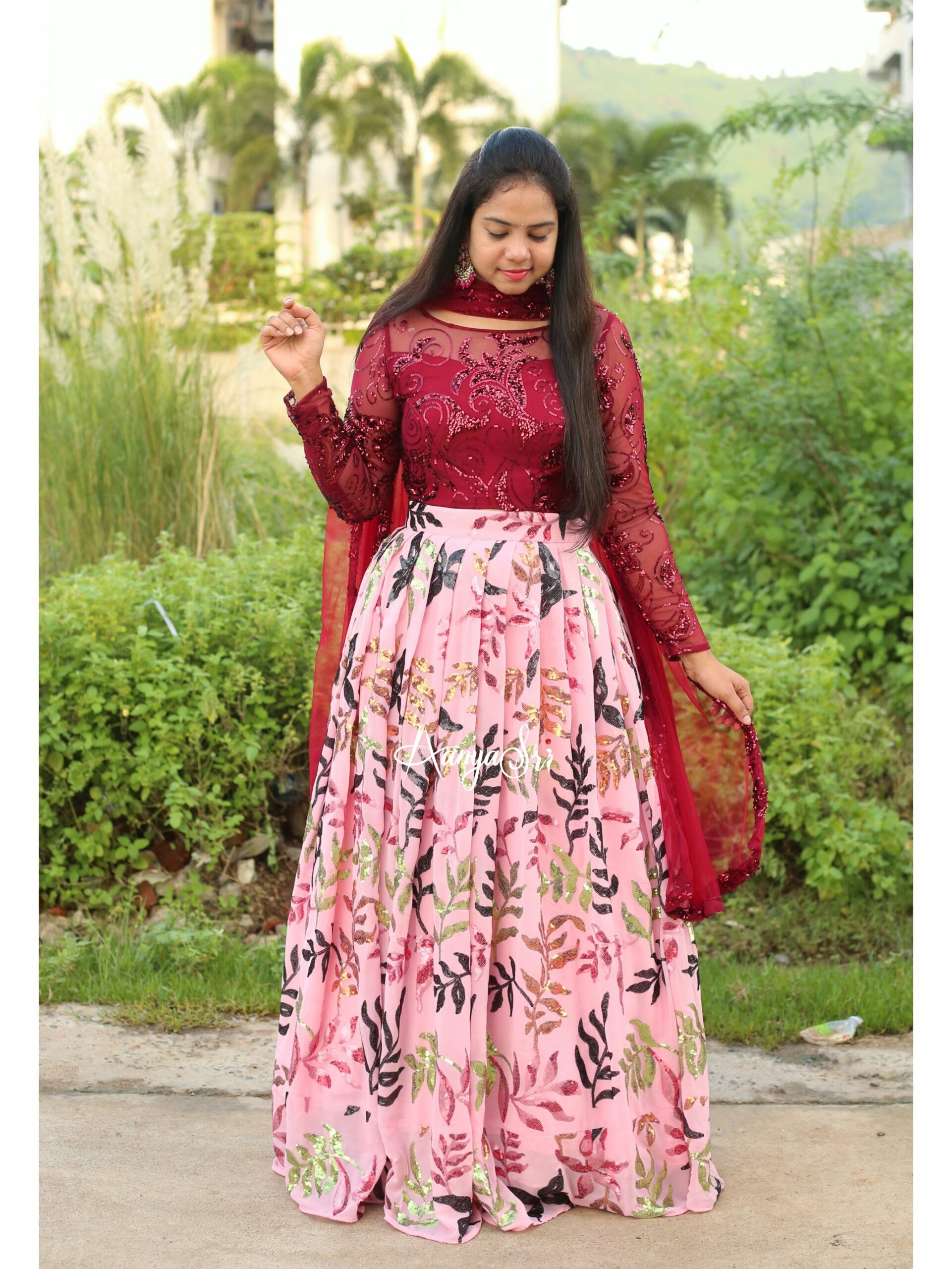 pink sequence leaves with dupatta (2)