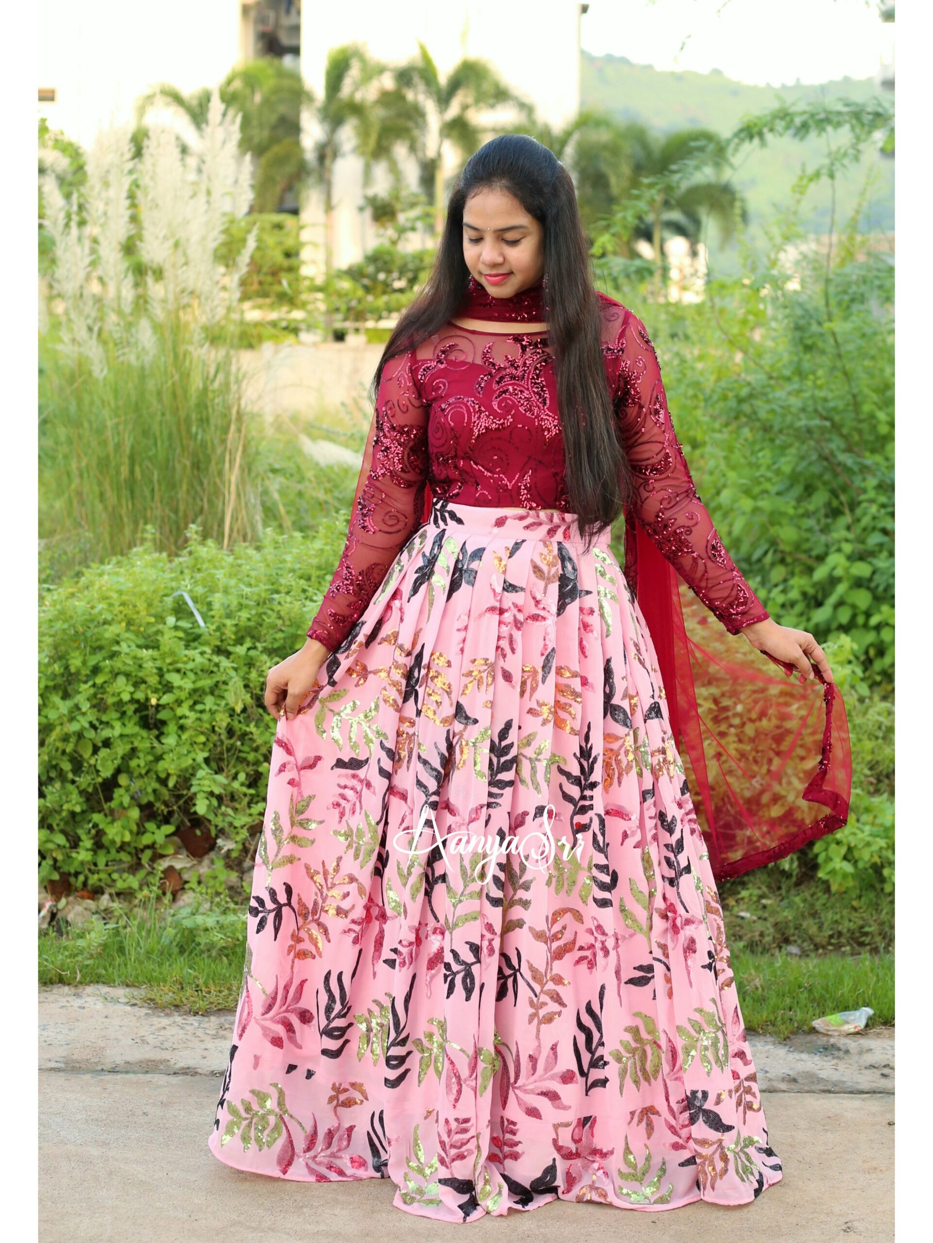 pink sequence leaves with dupatta (3)