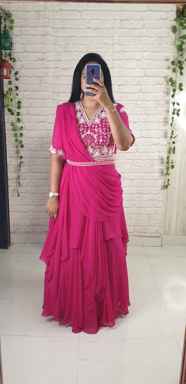 hot pink predraped saree (1)